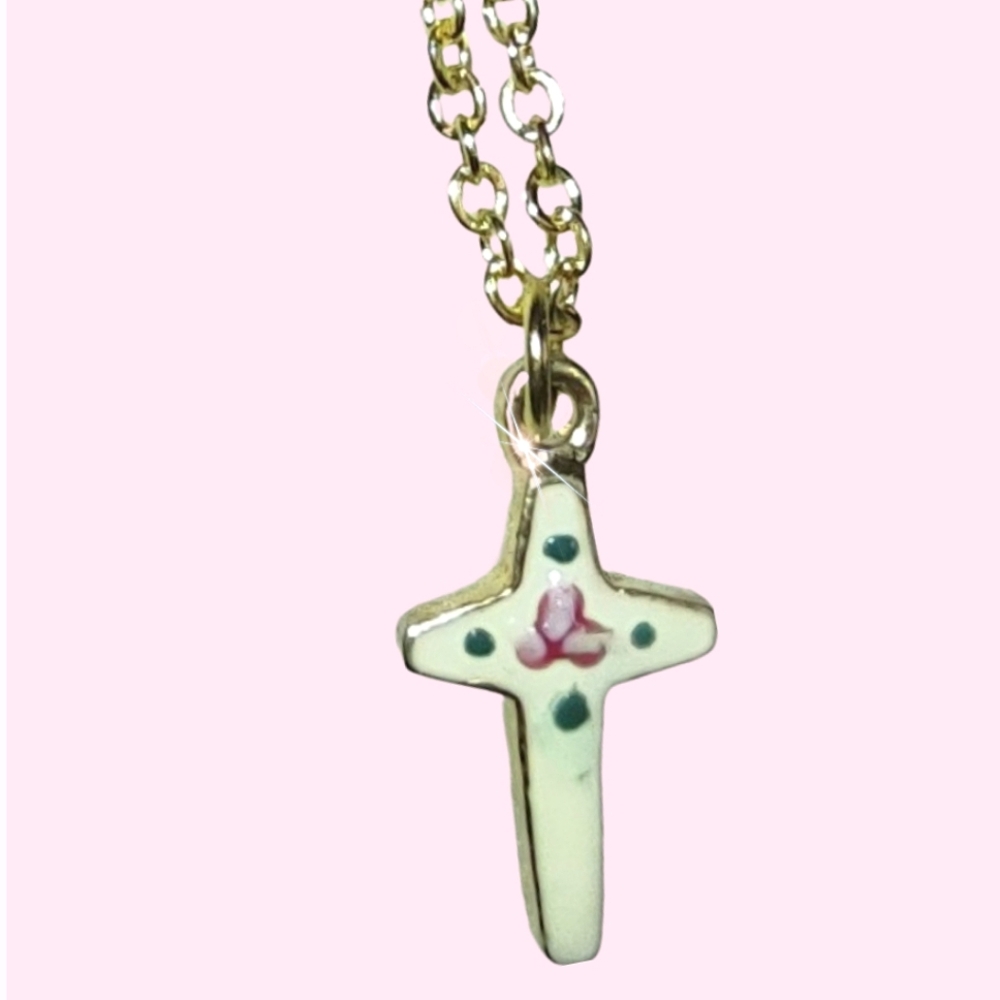 Cloisonne Mini Fleur Cross on Gold Chain
